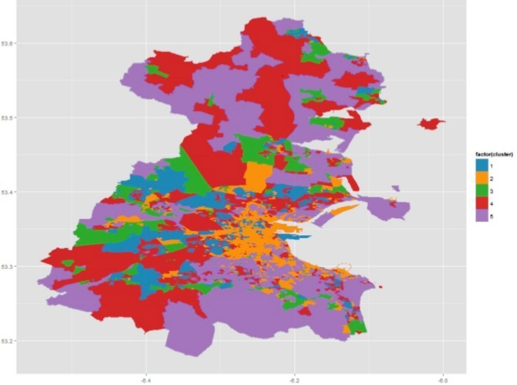 Кластерная форма карты SOM и ее отображение на карте Дублина (категории от 1 до 6 связываются с градациями жилой застройки и обеспеченности населения - от трущоб до благополучных элитных районов)